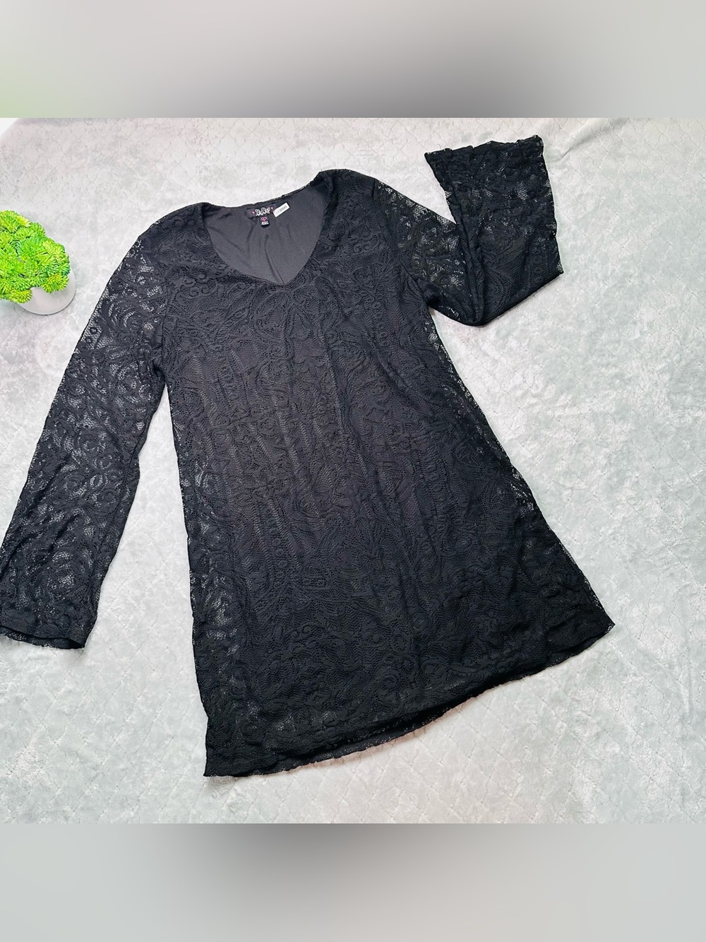 🖤 Y2K Romantic Goth Lace Bell Sleeve Mini Dress BeBop Black L